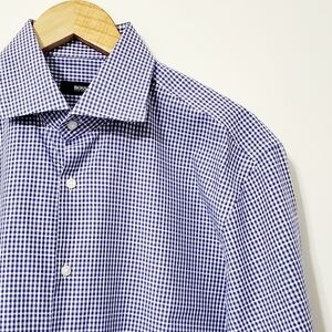 BOSS Hugo Boss Long Sleeve Purple Gingham Check Button Down Shirt 17 Neck